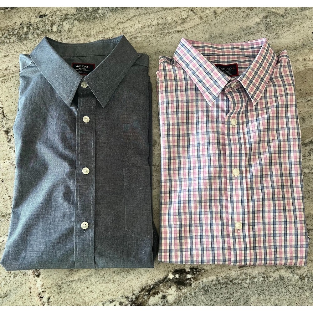 UNTUCKit Bundle of 2‎ Long Sleeve Mens Size XL Blue/Pink Checked and Solid Blue